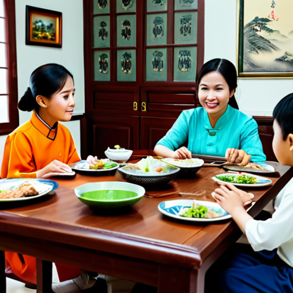 **

A Vietnamese family gathered around a traditional dining table in their home, sharing stories. The grandmother is telling a tale while the children listen attentively. The room is decorated with traditional Vietnamese art and crafts. Everyone is fully clothed in Ao Dai or other modest, traditional Vietnamese attire.  Warm, inviting lighting. Perfect anatomy, correct proportions, natural pose, well-formed hands, proper finger count, natural body proportions. Safe for work, appropriate content, fully clothed, professional, modest, family-friendly.

**