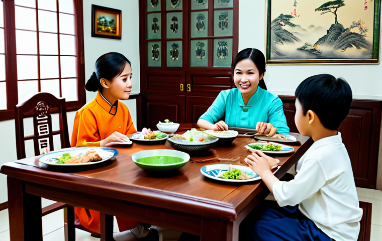 **

A Vietnamese family gathered around a traditional dining table in their home, sharing stories. The grandmother is telling a tale while the children listen attentively. The room is decorated with traditional Vietnamese art and crafts. Everyone is fully clothed in Ao Dai or other modest, traditional Vietnamese attire.  Warm, inviting lighting. Perfect anatomy, correct proportions, natural pose, well-formed hands, proper finger count, natural body proportions. Safe for work, appropriate content, fully clothed, professional, modest, family-friendly.

**