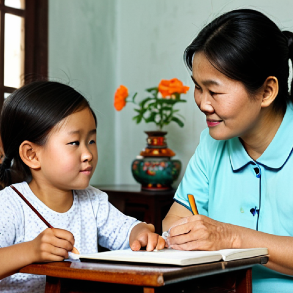 Family Connection & Tradition**

"A warm, inviting scene in a traditional Vietnamese home. A grandmother, fully clothed in an ao ba ba, is sharing stories with her granddaughter who is attentively writing in a notebook. The room is decorated with ancestral portraits and hand-crafted items. Soft, natural lighting. Safe for work, appropriate content, fully clothed, family-friendly, professional photography, perfect anatomy, natural proportions. Focus on the intergenerational connection and passing down of cultural knowledge."

**