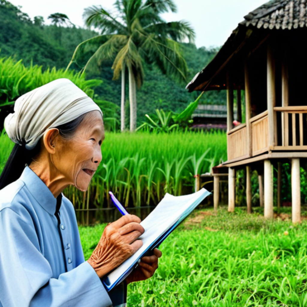 Documenting Oral Traditions**

A Vietnamese ethnographer, fully clothed in modest field attire, carefully records a story told by an elderly woman in a traditional Vietnamese village. The woman is also fully clothed in traditional clothing. Background shows a stilt house and lush greenery. Perfect anatomy, natural pose, proper finger count, safe for work, appropriate content, family-friendly, professional photography.

**