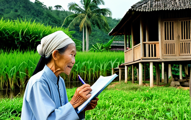 Documenting Oral Traditions**

A Vietnamese ethnographer, fully clothed in modest field attire, carefully records a story told by an elderly woman in a traditional Vietnamese village. The woman is also fully clothed in traditional clothing. Background shows a stilt house and lush greenery. Perfect anatomy, natural pose, proper finger count, safe for work, appropriate content, family-friendly, professional photography.

**