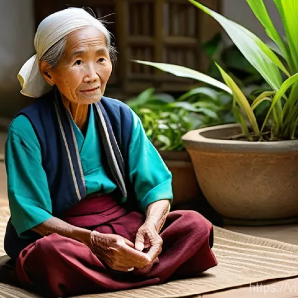 구전지식 기록법의 문화적 측면 - **Prompt:** An elderly Vietnamese grandmother, with a kind, wrinkled face and wearing a modest, trad...