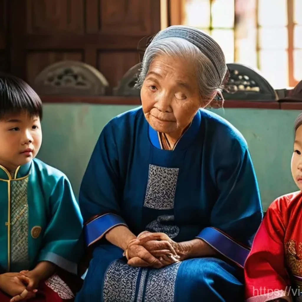 구전지식 기록법의 디지털화 과정 - **Prompt:** An elderly Vietnamese grandmother (bà ngoại), with a kind and wise expression, is seated...