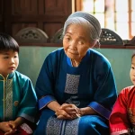 구전지식 기록법의 디지털화 과정 - **Prompt:** An elderly Vietnamese grandmother (bà ngoại), with a kind and wise expression, is seated...