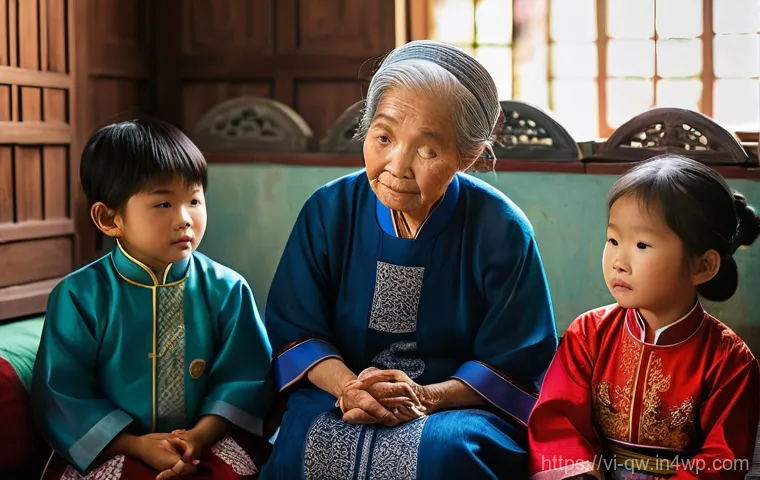 구전지식 기록법의 디지털화 과정 - **Prompt:** An elderly Vietnamese grandmother (bà ngoại), with a kind and wise expression, is seated...