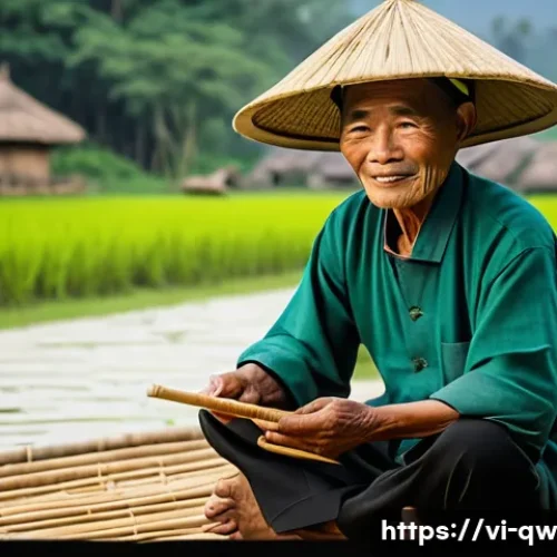 구전지식 기록법의 대화형 접근 - An elderly Vietnamese villager wearing traditional áo bà ba and a conical hat, sitting on a bamboo m...