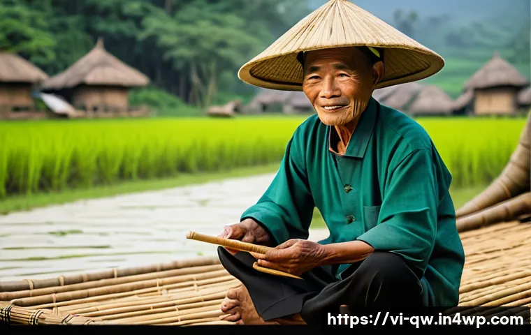 구전지식 기록법의 대화형 접근 - An elderly Vietnamese villager wearing traditional áo bà ba and a conical hat, sitting on a bamboo m...