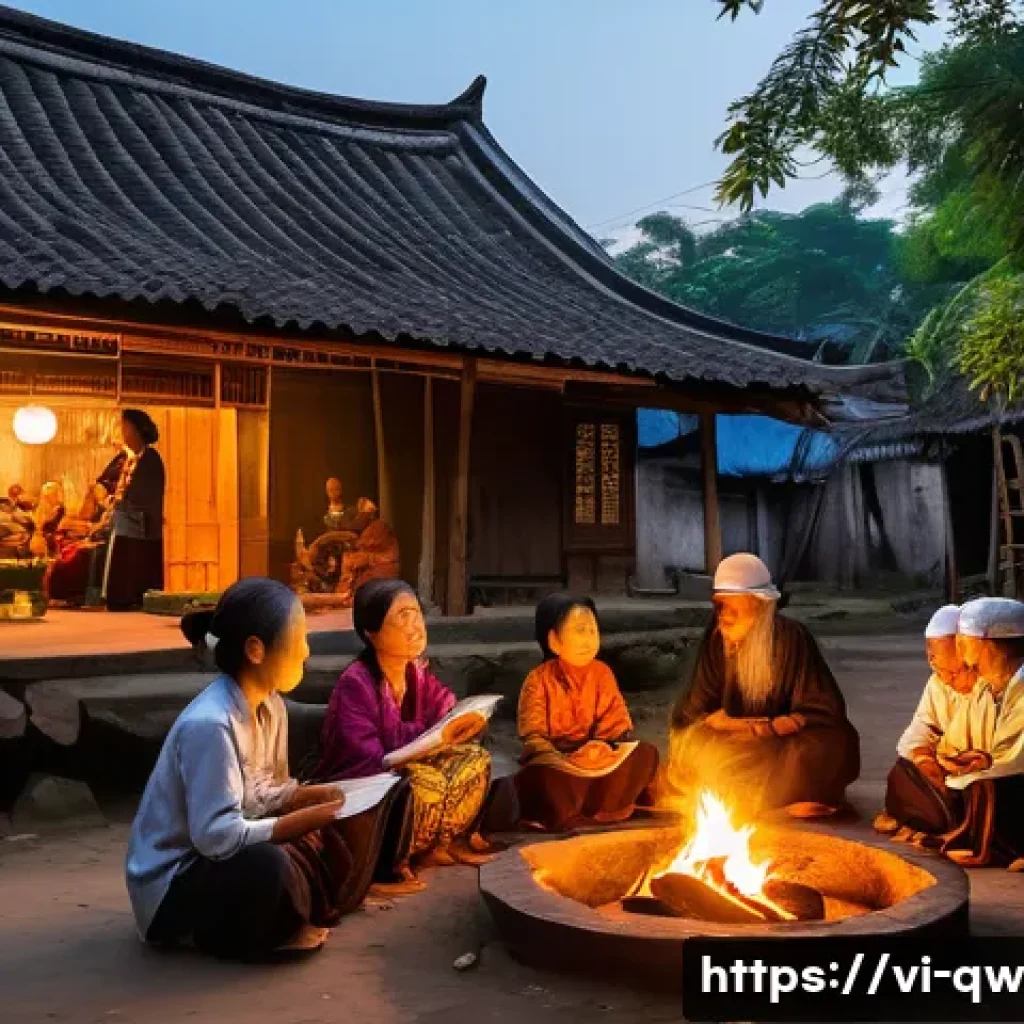 구전지식 기록법의 실천 사례 비교 - A traditional Vietnamese rural scene at dusk featuring an elderly storyteller sitting by a warm fire...