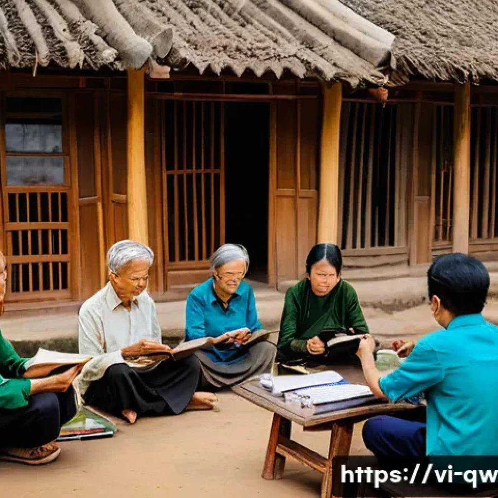 구전지식 기록법과 비판적 사고 - A vibrant community gathering in a traditional Vietnamese village setting, with diverse people of di...