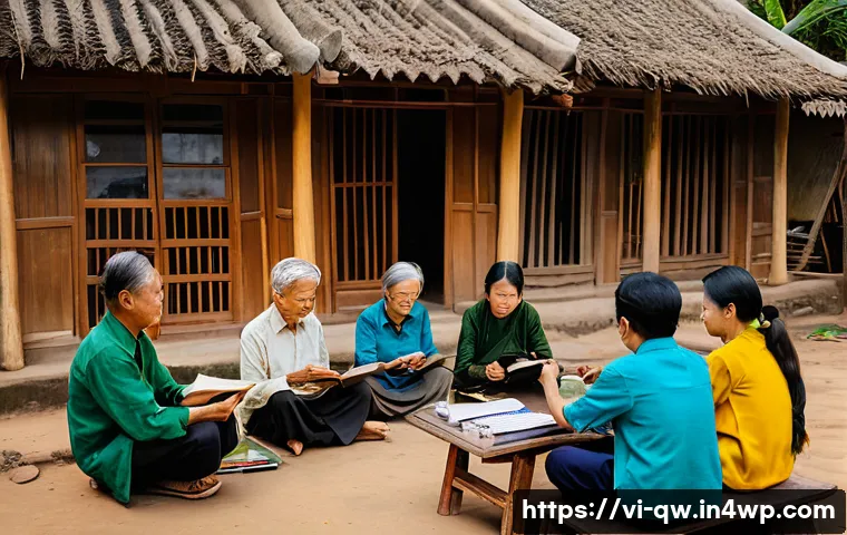 구전지식 기록법과 비판적 사고 - A vibrant community gathering in a traditional Vietnamese village setting, with diverse people of di...