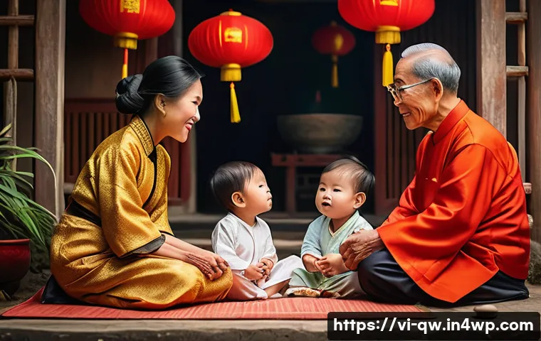 구전지식 기록법과 세대 간 전파 - A vibrant Vietnamese rural family scene during Tet holiday, with grandparents storytelling to attent...