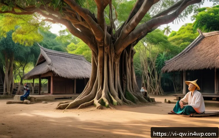 구전지식 기록법의 핵심 질문 리스트 - A serene scene of an elderly Vietnamese storyteller sitting on a traditional wooden bench under a la...