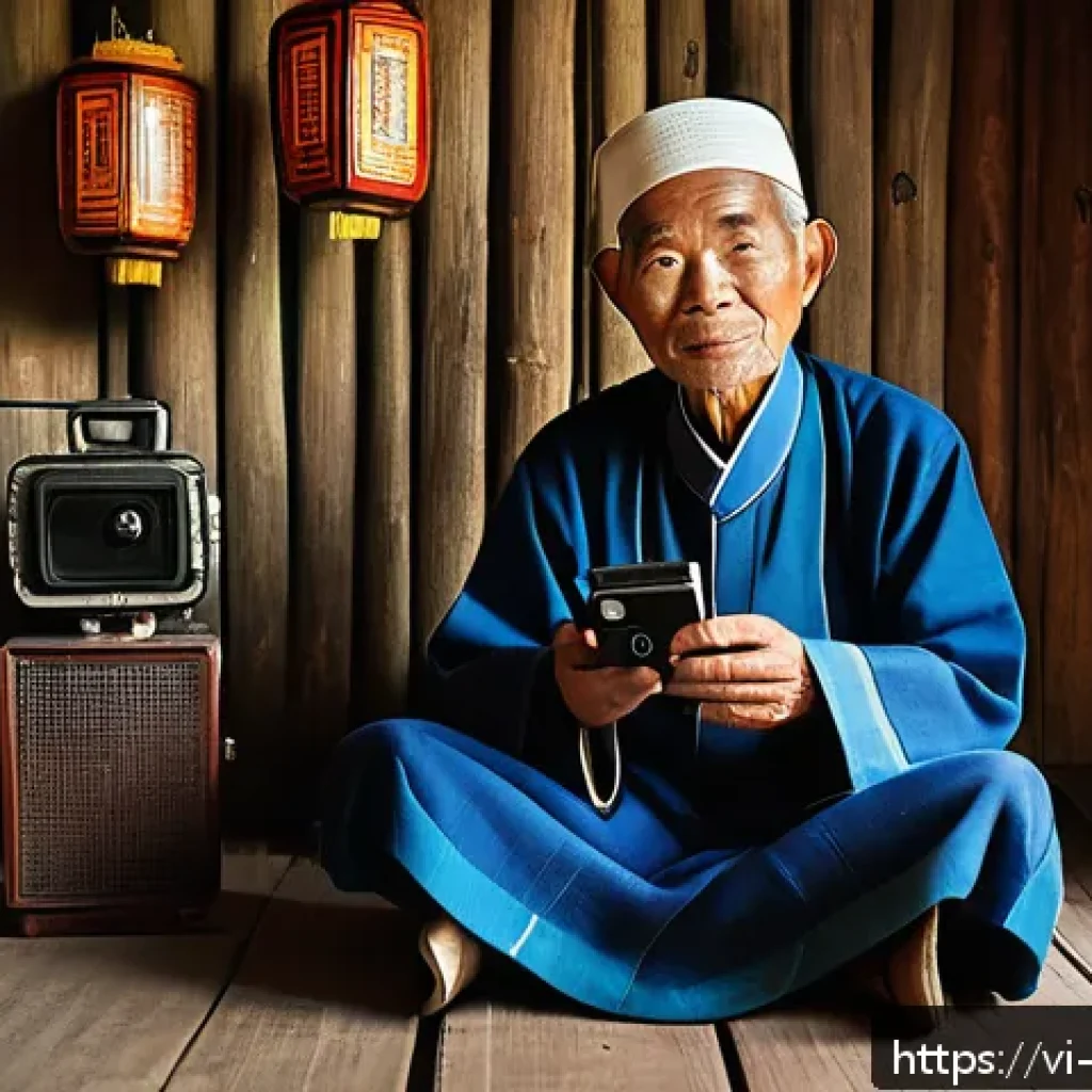 구전지식 기록법의 디지털 아카이빙 - A detailed scene of a Vietnamese elder storyteller sitting in a traditional wooden house, wearing mo...